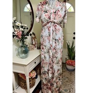 PinkBlush ivory pink floral print twist knot front maxi dress